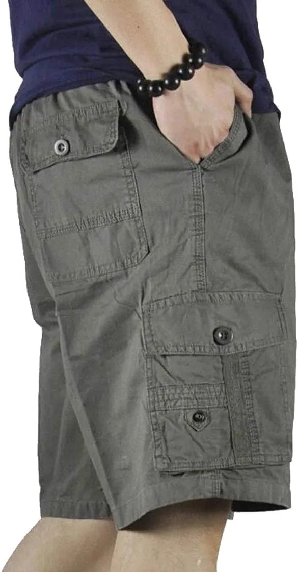 Mens Cotton Loose Drawstring Cargo Short with Full Elastic Waist