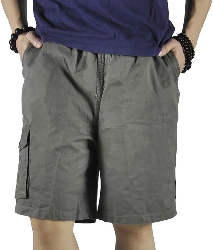Mens Cotton Loose Drawstring Cargo Short with Full Elastic Waist