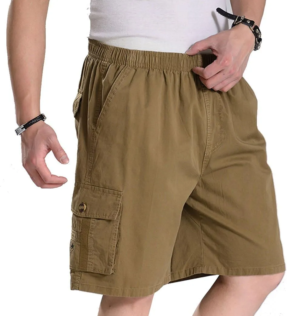 Mens Cotton Loose Drawstring Cargo Short with Full Elastic Waist