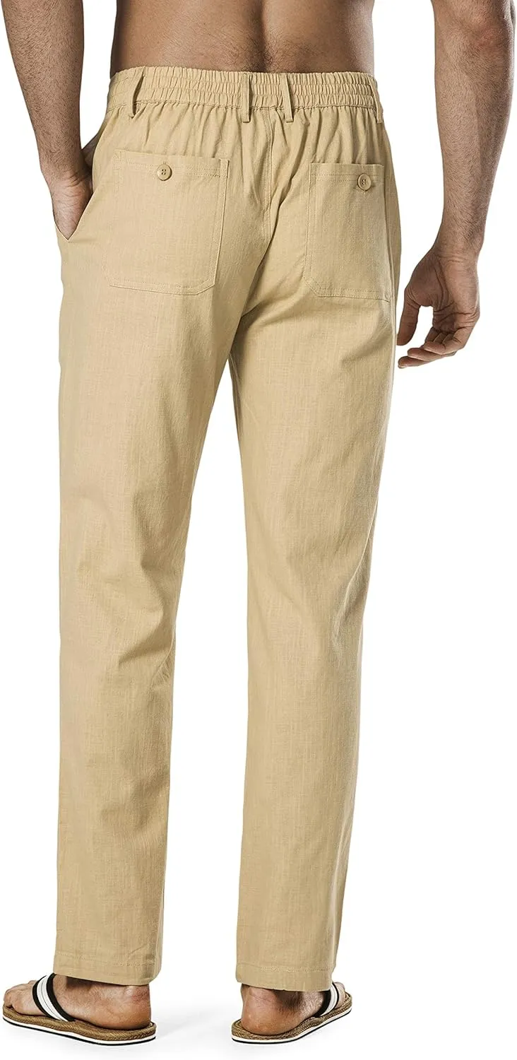 Men's Drawstring Linen Pant Elastic Waist Relaxed-Fit Casual Beach Trousers