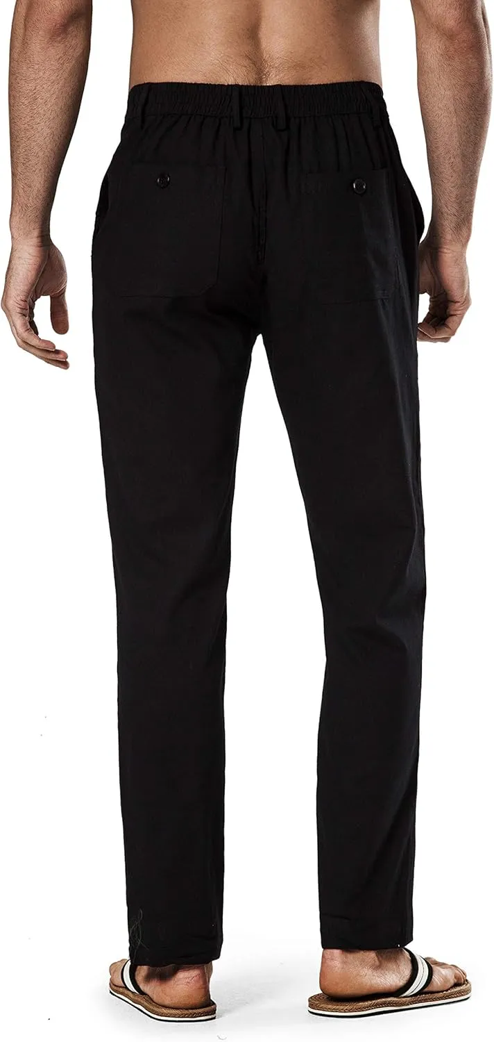 Men's Drawstring Linen Pant Elastic Waist Relaxed-Fit Casual Beach Trousers