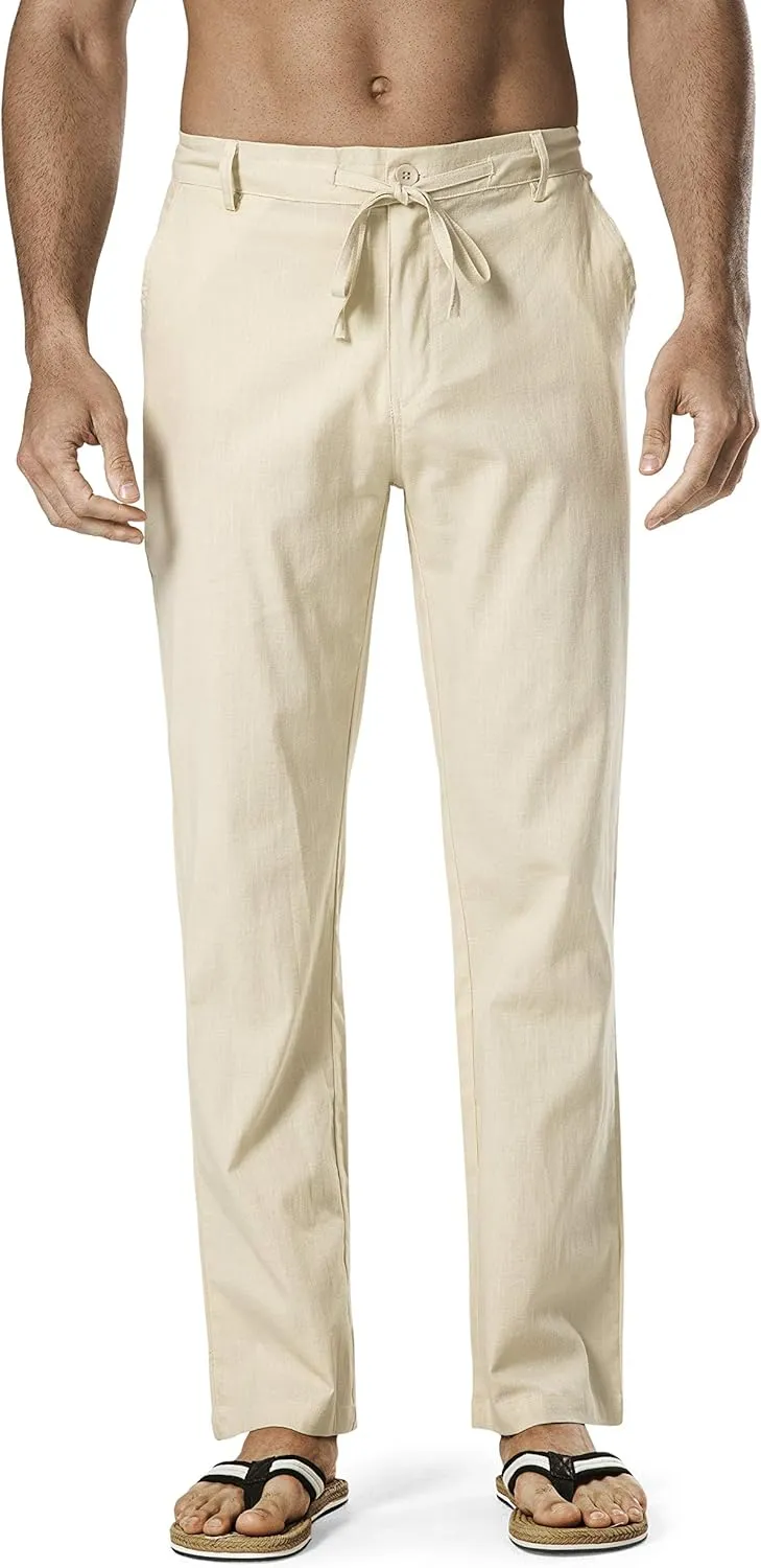 Men's Drawstring Linen Pant Elastic Waist Relaxed-Fit Casual Beach Trousers