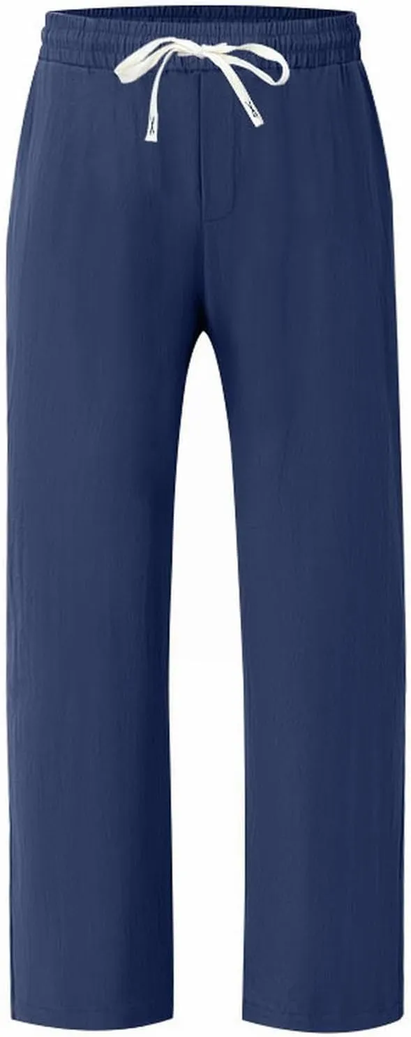 Mens Drawstring Linen Pants Loose Fit Casual Summer Beach Plain Trousers Fashion Outdoor Hiking Camping Wedding Pant