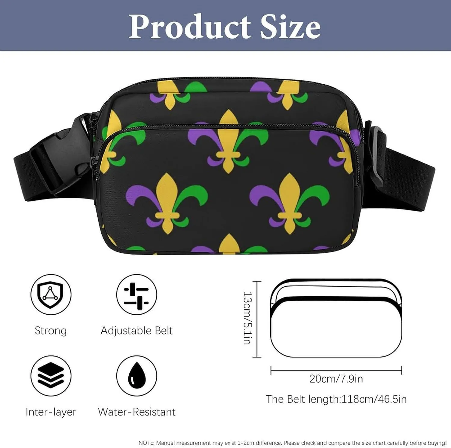 Men's Fashion Pack Belt Bag, Unisex Full Printed Waist Bag, Dress Decor Bag With Adjustable Strap For Running, Hiking & Travel Compatible with Dark Black Mardi Gras Art