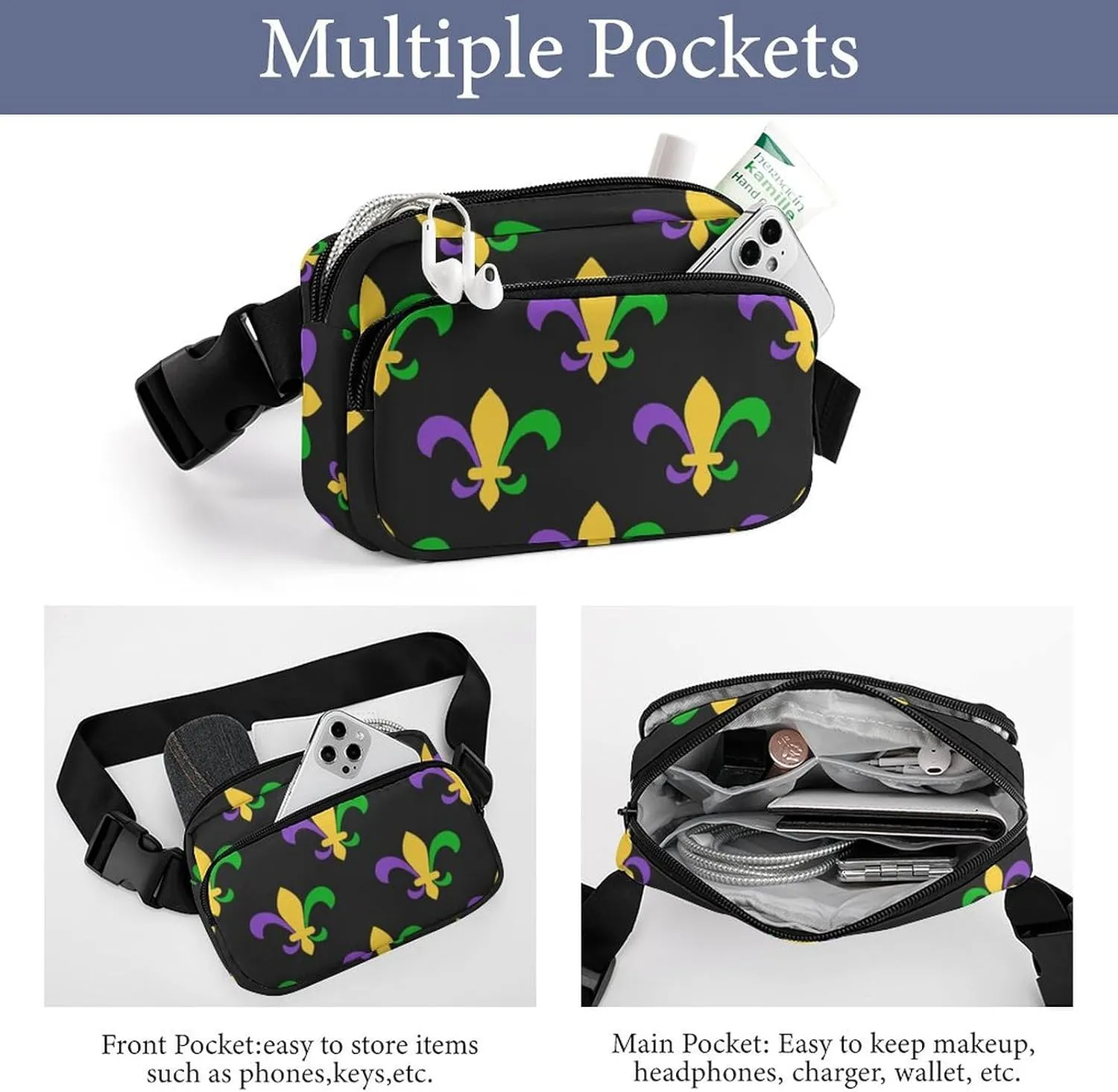 Men's Fashion Pack Belt Bag, Unisex Full Printed Waist Bag, Dress Decor Bag With Adjustable Strap For Running, Hiking & Travel Compatible with Dark Black Mardi Gras Art