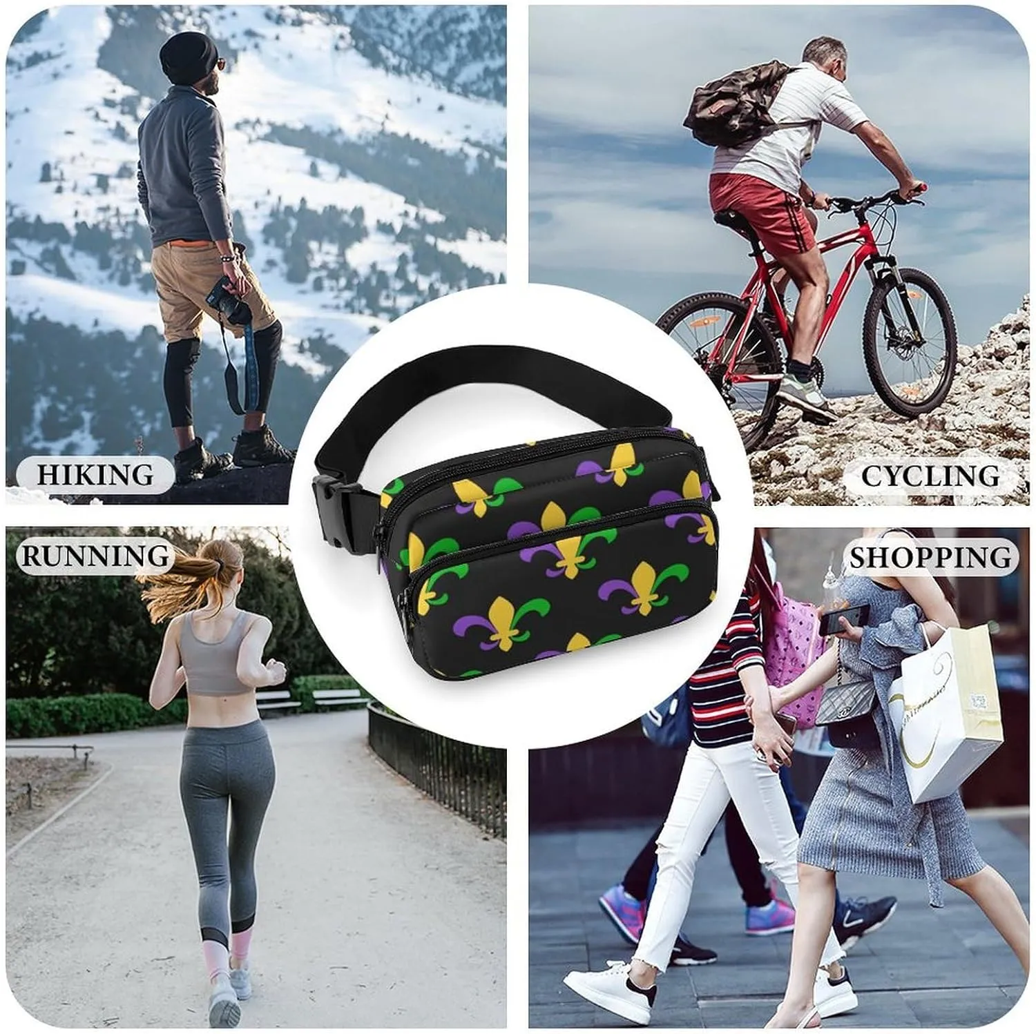 Men's Fashion Pack Belt Bag, Unisex Full Printed Waist Bag, Dress Decor Bag With Adjustable Strap For Running, Hiking & Travel Compatible with Dark Black Mardi Gras Art