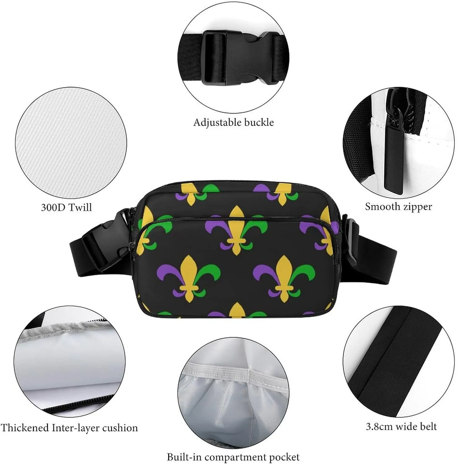 Men's Fashion Pack Belt Bag, Unisex Full Printed Waist Bag, Dress Decor Bag With Adjustable Strap For Running, Hiking & Travel Compatible with Dark Black Mardi Gras Art