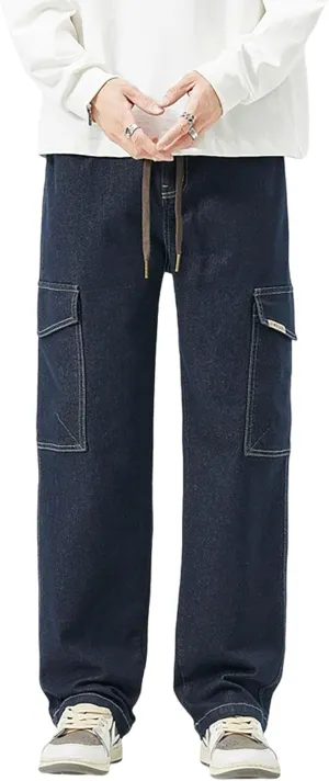 Men's Japanese Street Vintage Jeans Baggy Drawstring Cargo Pants Elastic Waist Pants Pants for Men Fashion