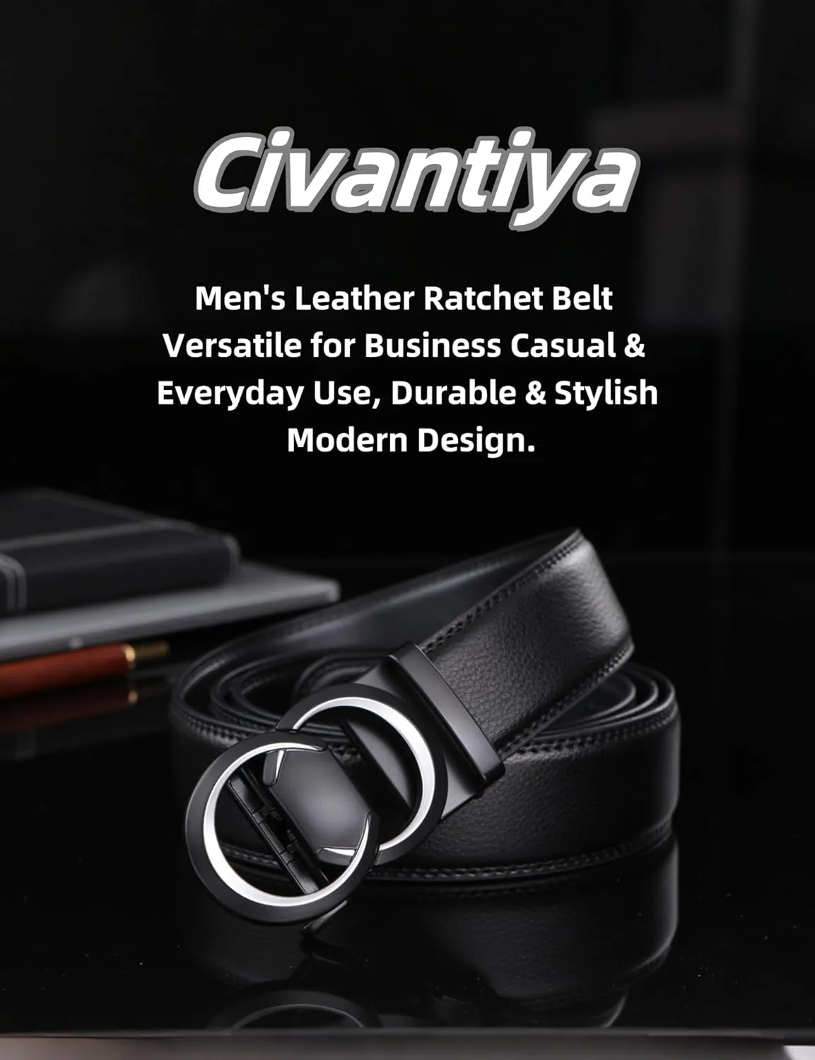 Men's Leather Ratchet Belt for Men | No-Hole Automatic Buckle Belt | Adjustable Dress Belt for Business & Casual