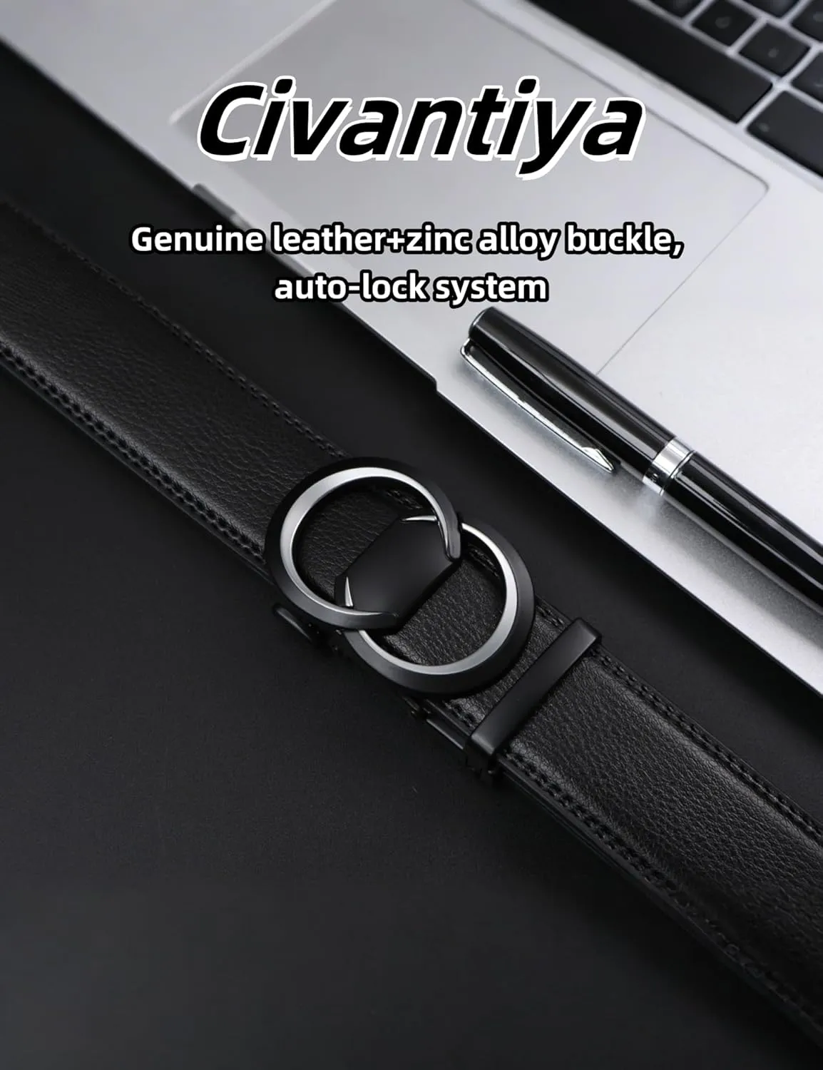 Men's Leather Ratchet Belt for Men | No-Hole Automatic Buckle Belt | Adjustable Dress Belt for Business & Casual