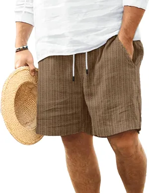 Mens Linen Flat Front Casual Shorts Classic Fit Drawstring Beach Shorts Elastic Waist Drawstring Beach Short
