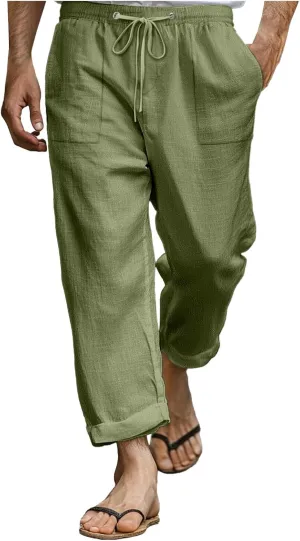 Men's Linen Pants Trendy Summer Elastic Waist Straight Leg Plain Pant Breathable Long Length Dailywear Beach Trousers