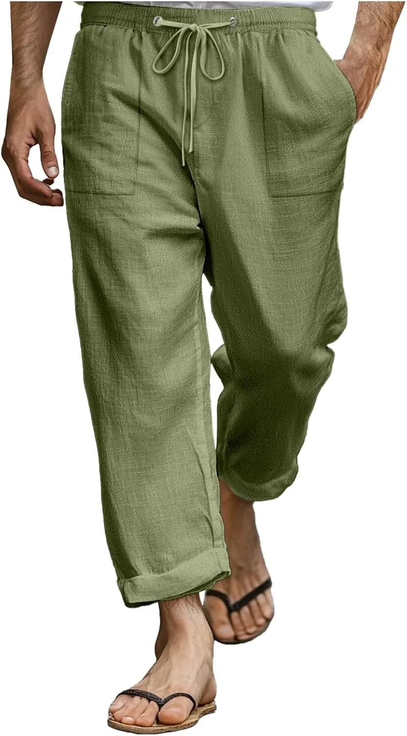 Men's Linen Pants Trendy Summer Elastic Waist Straight Leg Plain Pant Breathable Long Length Dailywear Beach Trousers