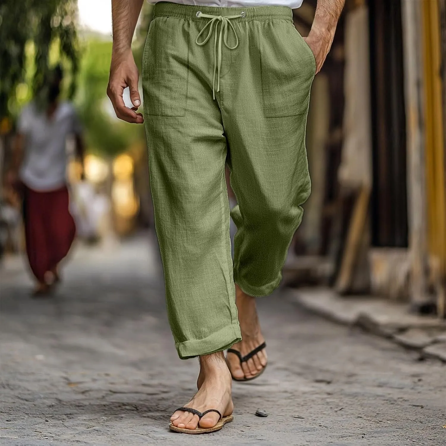 Men's Linen Pants Trendy Summer Elastic Waist Straight Leg Plain Pant Breathable Long Length Dailywear Beach Trousers