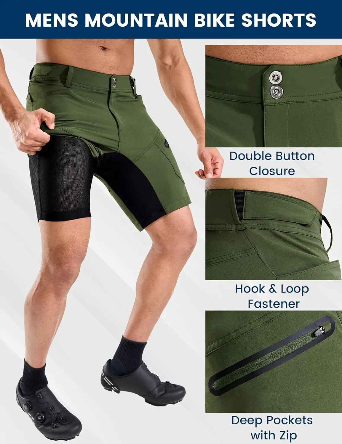 Mens Mountain Bike Shorts 3D Padded MTB Bicycle Riding Cycling Short Padding Liner Baggy Quick Dry,Zip Pockets