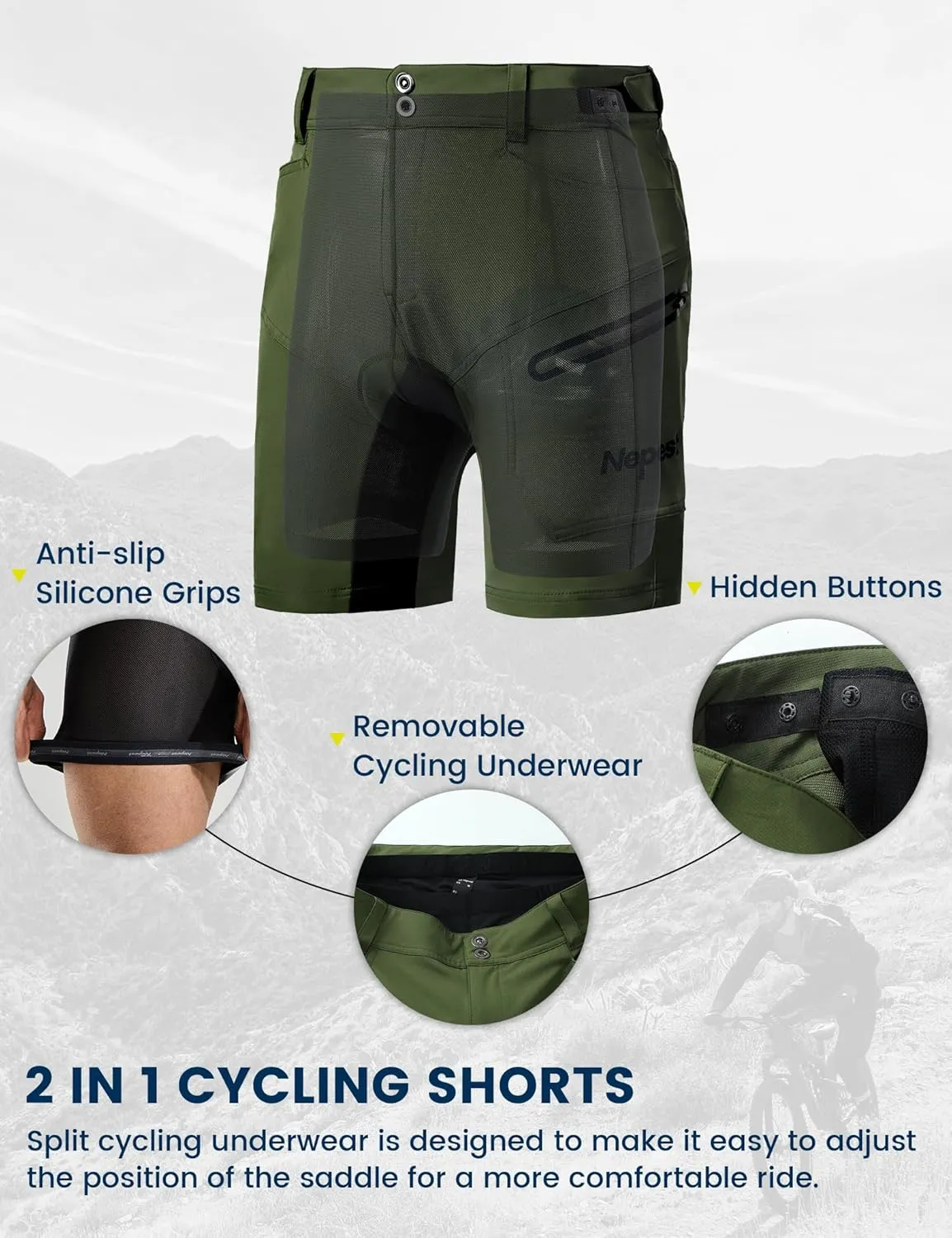 Mens Mountain Bike Shorts 3D Padded MTB Bicycle Riding Cycling Short Padding Liner Baggy Quick Dry,Zip Pockets