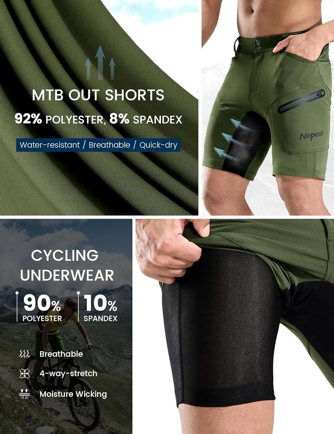 Mens Mountain Bike Shorts 3D Padded MTB Bicycle Riding Cycling Short Padding Liner Baggy Quick Dry,Zip Pockets