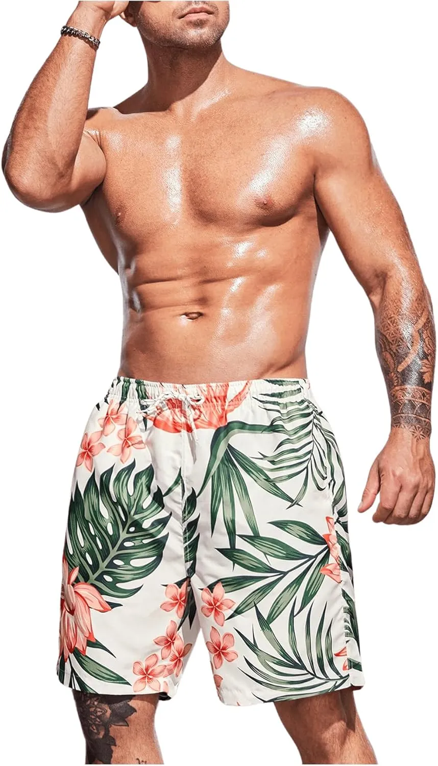 Men's Plus Size Tropical Print Elastic High Waist Casual Boho Shorts Drawstring Waist Swim Trunks
