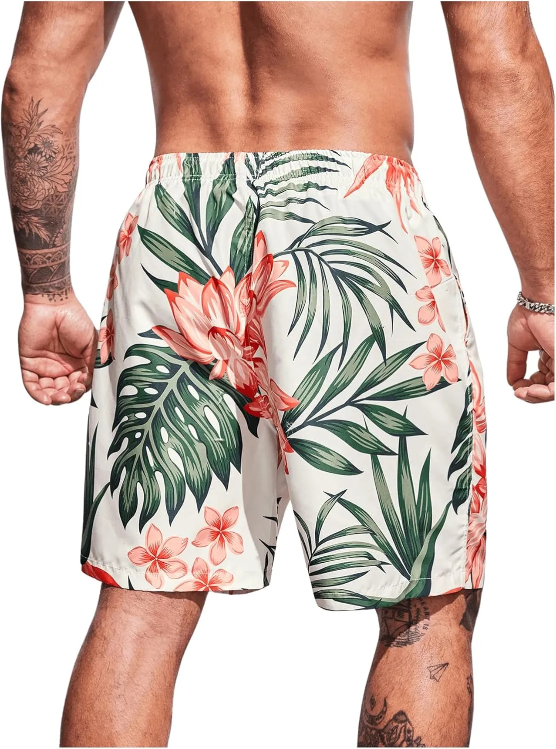 Men's Plus Size Tropical Print Elastic High Waist Casual Boho Shorts Drawstring Waist Swim Trunks
