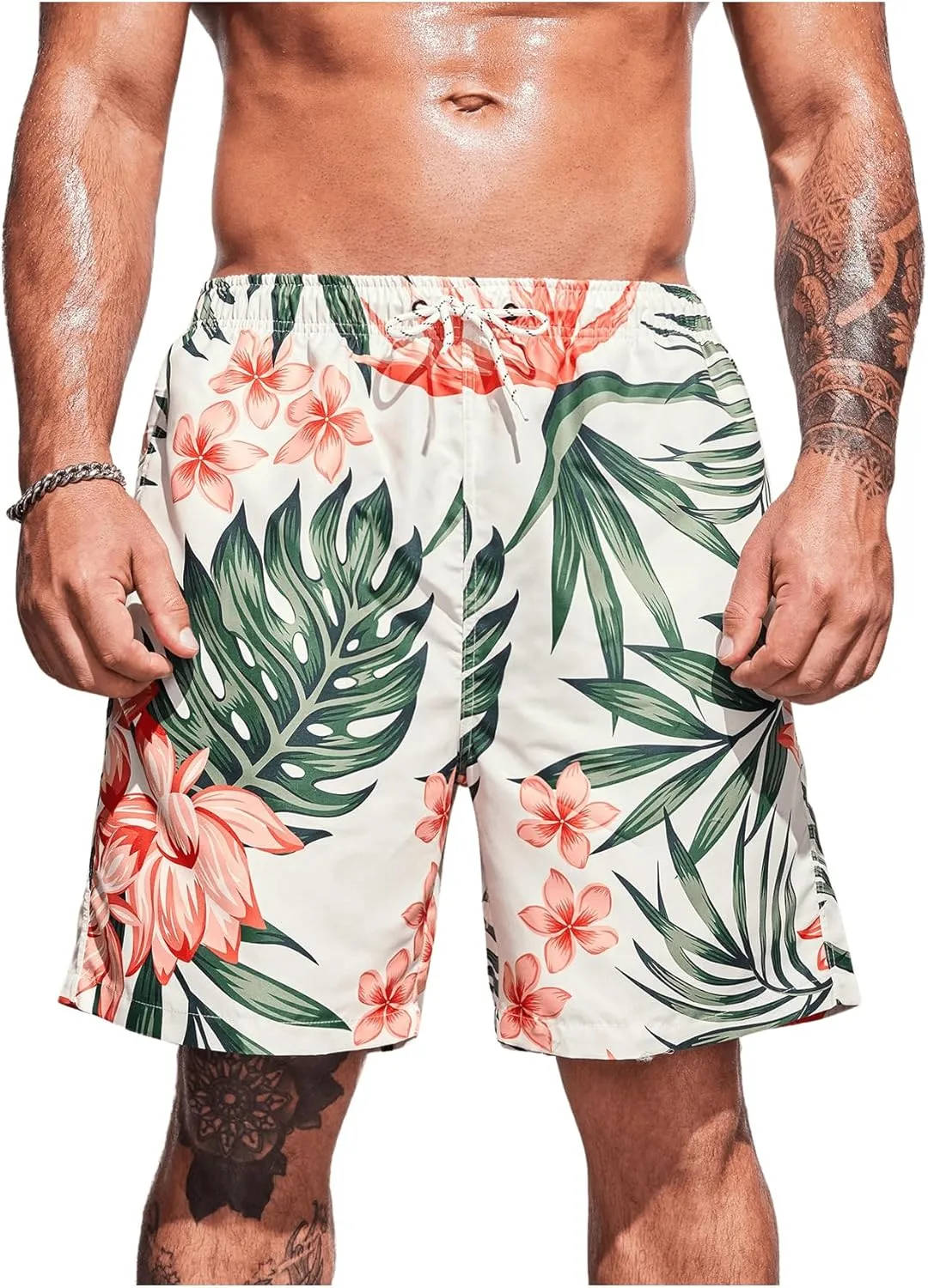 Men's Plus Size Tropical Print Elastic High Waist Casual Boho Shorts Drawstring Waist Swim Trunks