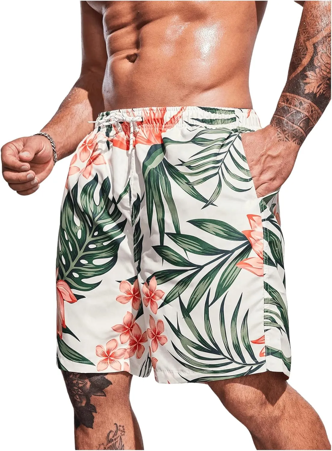 Men's Plus Size Tropical Print Elastic High Waist Casual Boho Shorts Drawstring Waist Swim Trunks