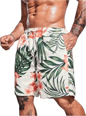 Men's Plus Size Tropical Print Elastic High Waist Casual Boho Shorts Drawstring Waist Swim Trunks