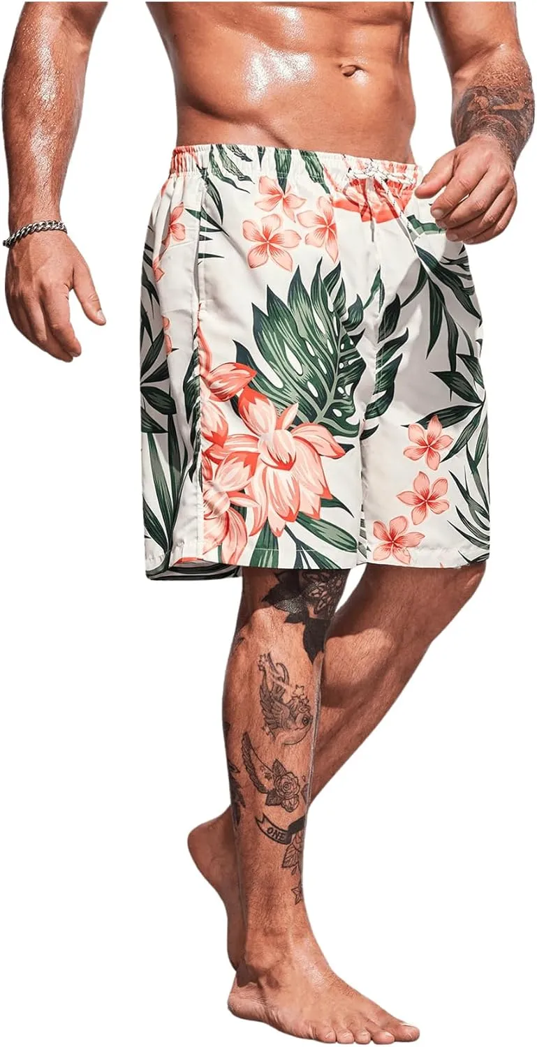 Men's Plus Size Tropical Print Elastic High Waist Casual Boho Shorts Drawstring Waist Swim Trunks