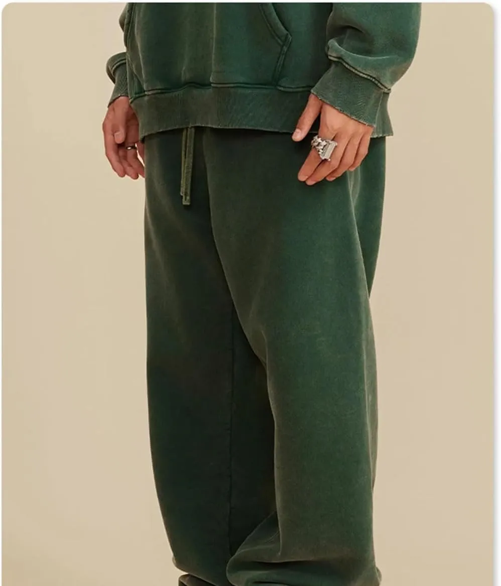 Men's Retro Fleece Sweatpants Elastic Waist Loose Fit Casual Solid Joggers Pants