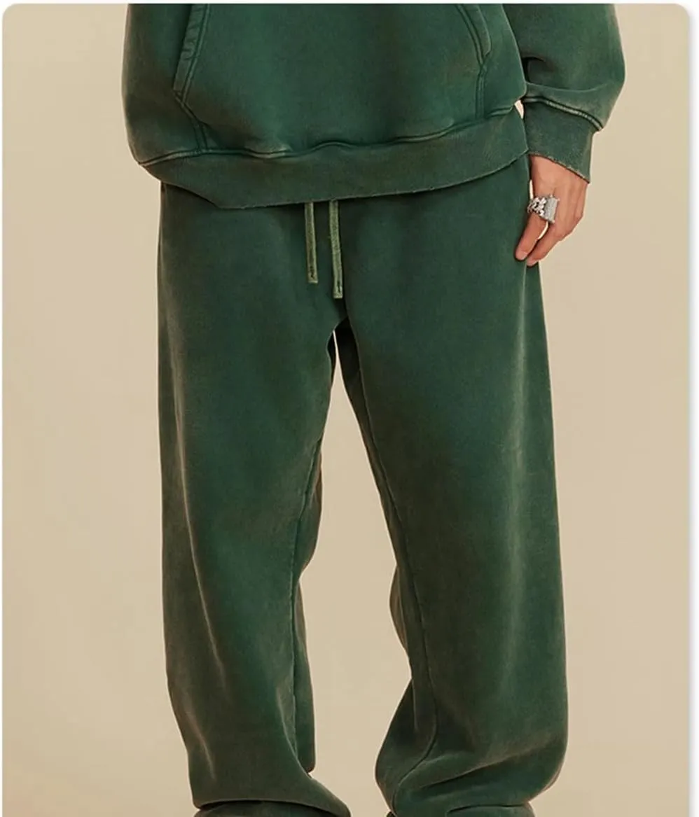 Men's Retro Fleece Sweatpants Elastic Waist Loose Fit Casual Solid Joggers Pants