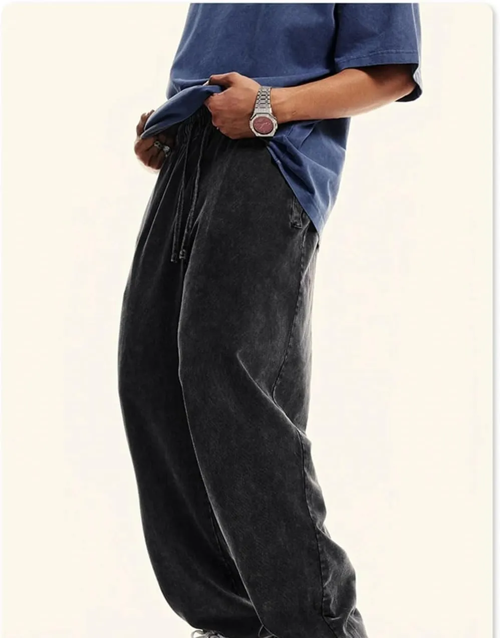 Men's Retro Loose Sweatpants Elastic Waist Casual Solid Sport Joggers Full Length Pants
