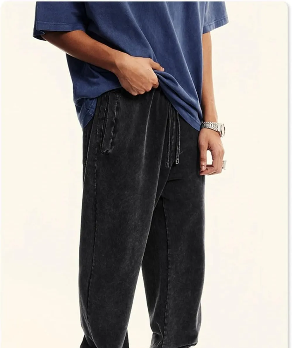 Men's Retro Loose Sweatpants Elastic Waist Casual Solid Sport Joggers Full Length Pants
