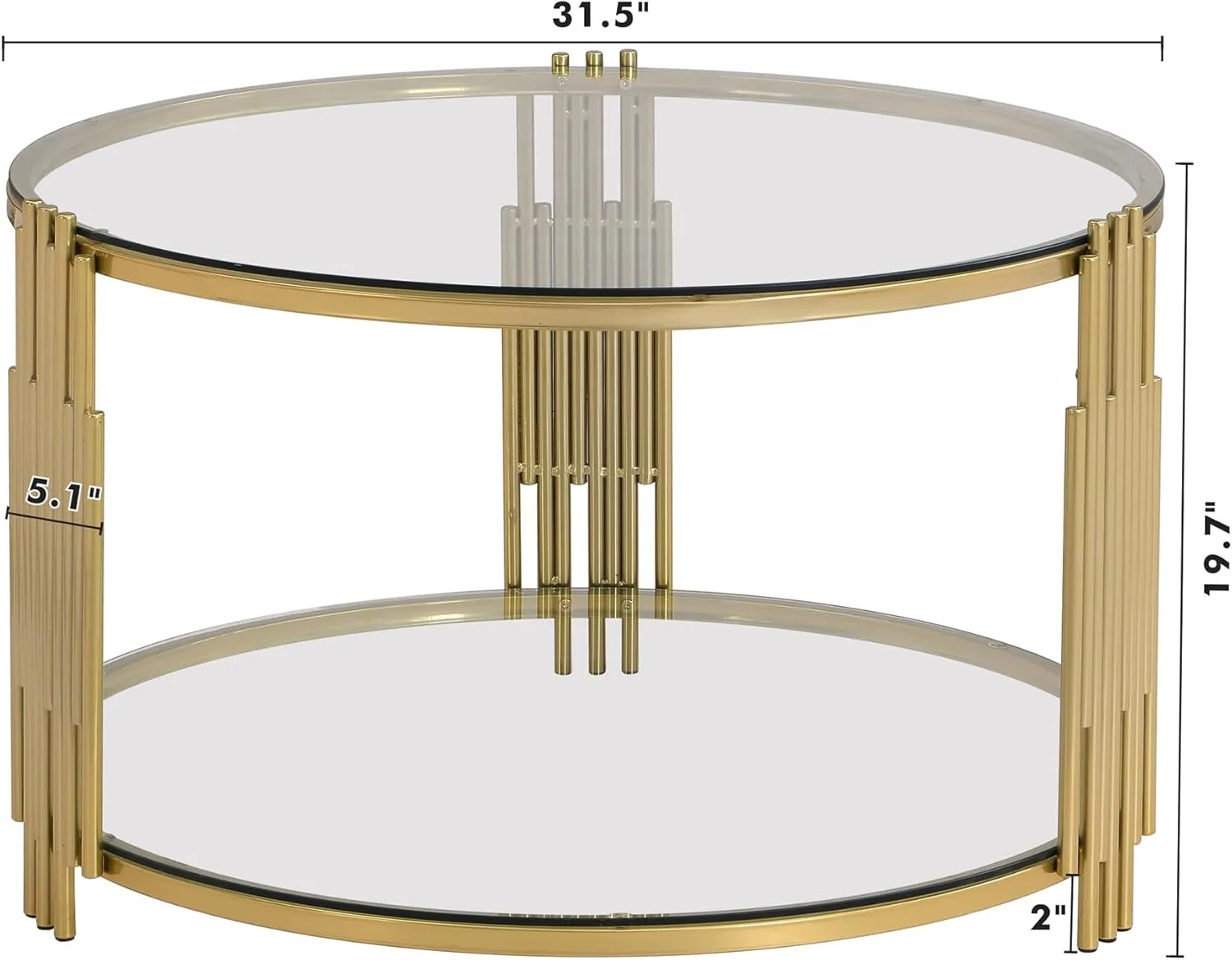 Merax 31.5" Mirror Glass Coffee Table, Asymmetrical Metal, Circular Metal Drum Base, Gold Finish Lower Shelf Modern, Transparent
