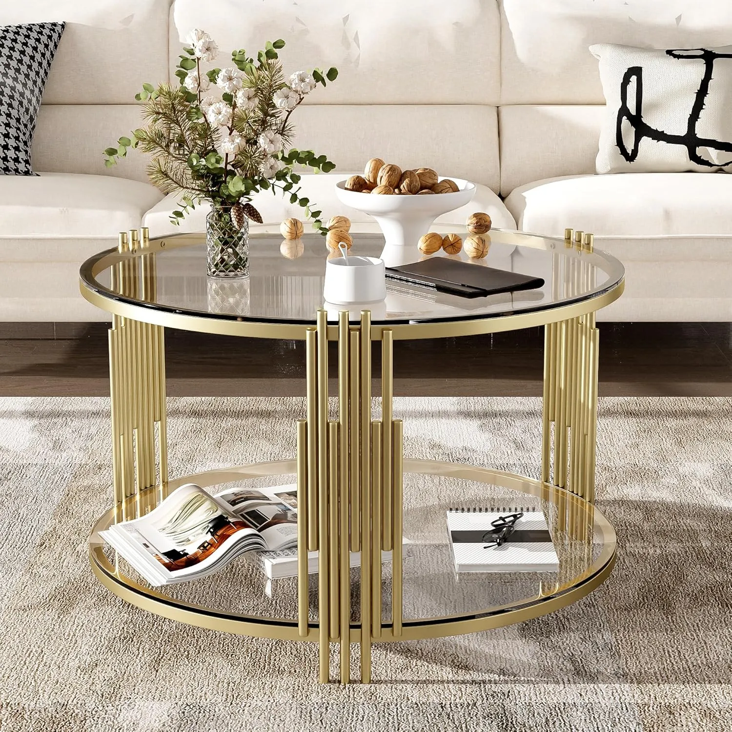 Merax 31.5" Mirror Glass Coffee Table, Asymmetrical Metal, Circular Metal Drum Base, Gold Finish Lower Shelf Modern, Transparent