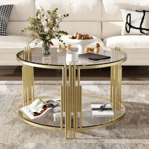 Merax 31.5" Mirror Glass Coffee Table, Asymmetrical Metal, Circular Metal Drum Base, Gold Finish Lower Shelf Modern, Transparent
