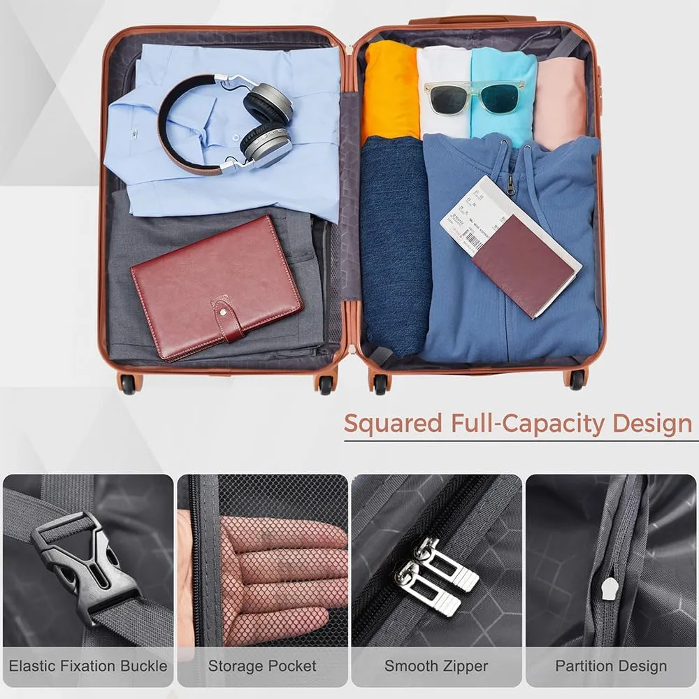 Merax Hardshell Luggage Spinner Wheel Suitcase TSA Lock Suit Case, Brown and Black, 4-Piece Set