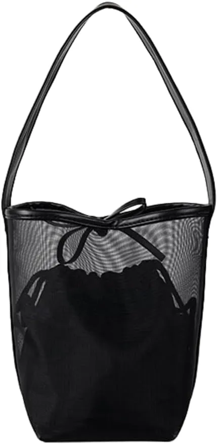 Mesh Beach Bag Women Bucket Bags Shoulder Handbag Crossbody Purses Summer Aesthetic Beach Tote Handbag with Extra Purse