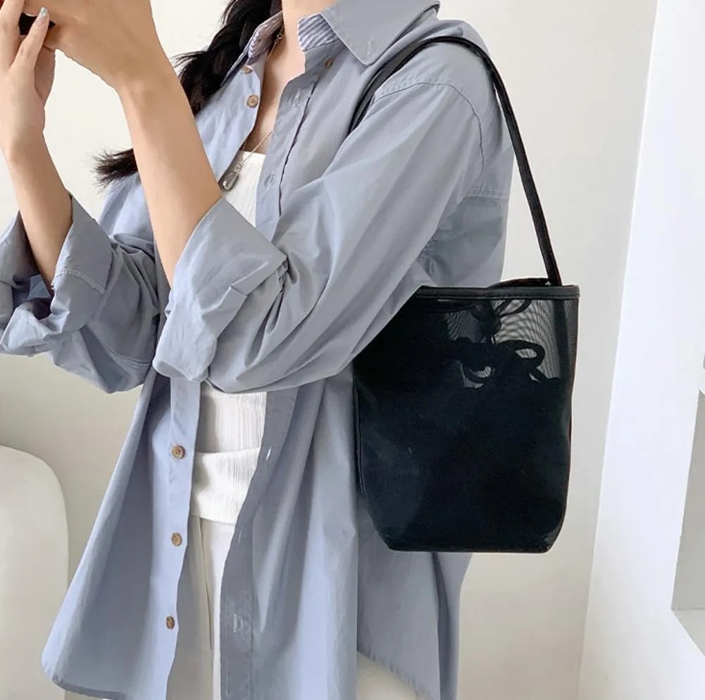 Mesh Beach Bag Women Bucket Bags Shoulder Handbag Crossbody Purses Summer Aesthetic Beach Tote Handbag with Extra Purse