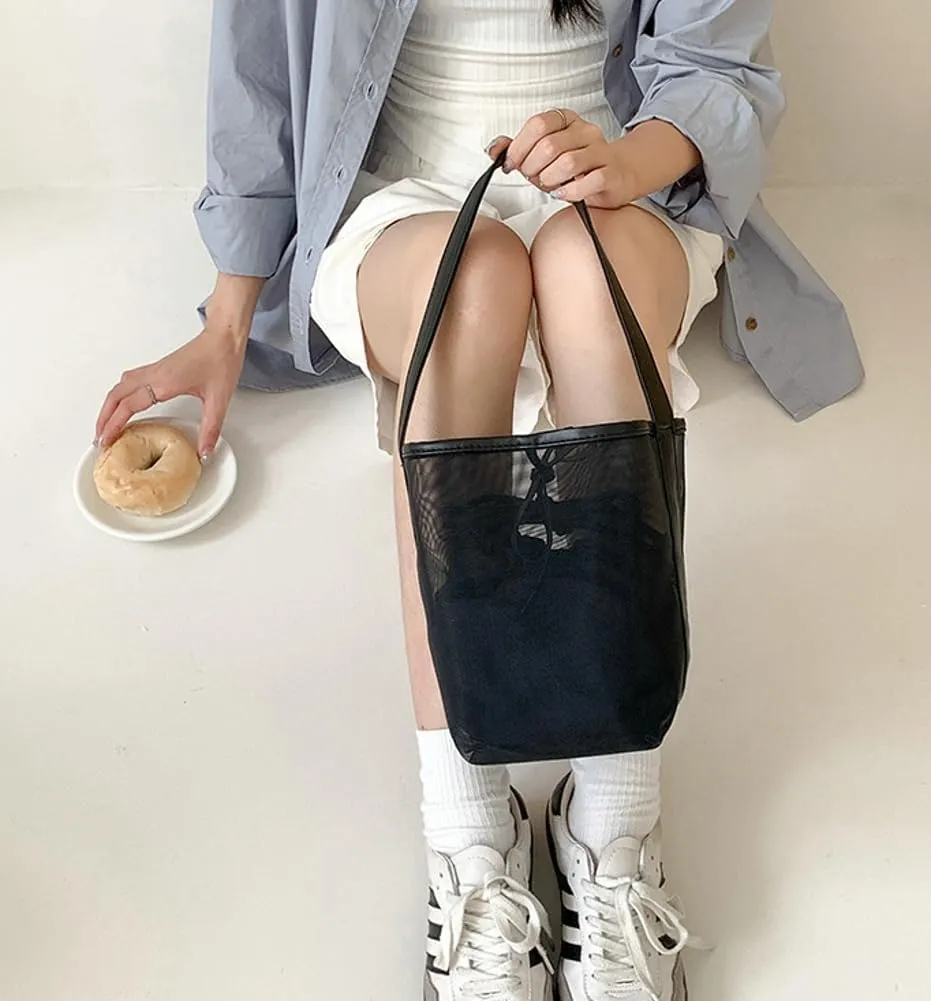 Mesh Beach Bag Women Bucket Bags Shoulder Handbag Crossbody Purses Summer Aesthetic Beach Tote Handbag with Extra Purse