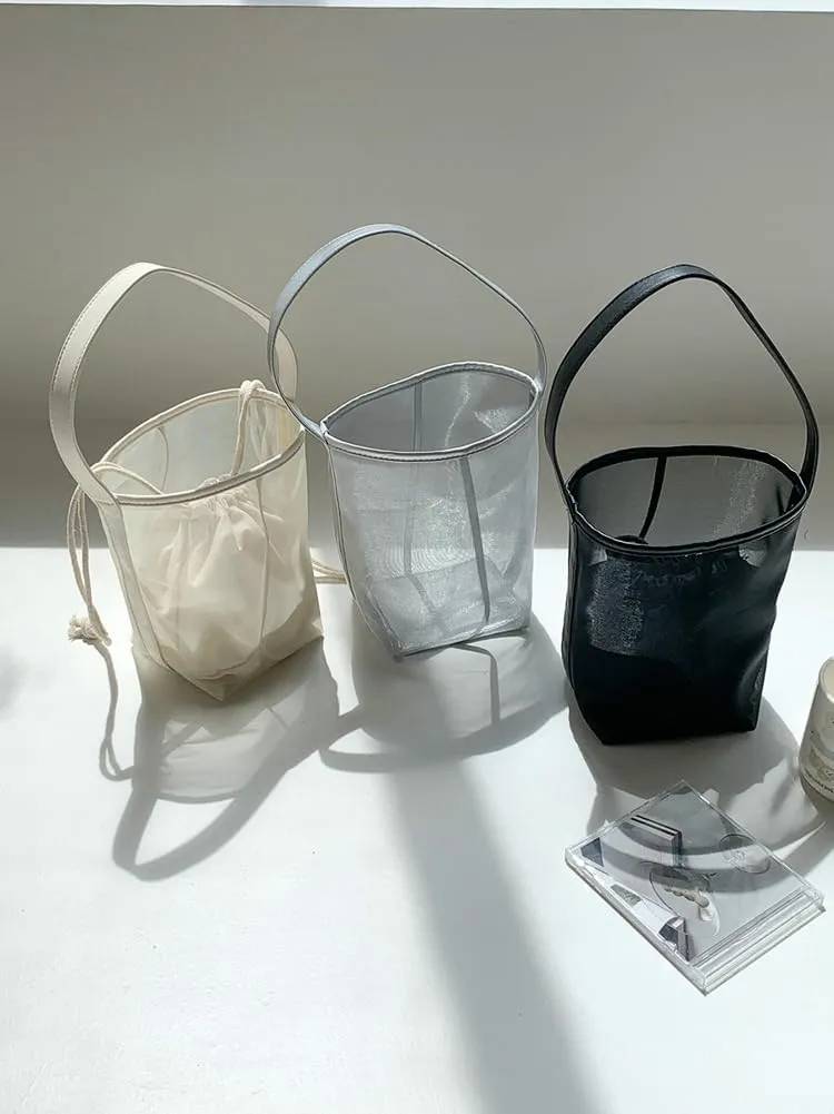 Mesh Beach Bag Women Bucket Bags Shoulder Handbag Crossbody Purses Summer Aesthetic Beach Tote Handbag with Extra Purse