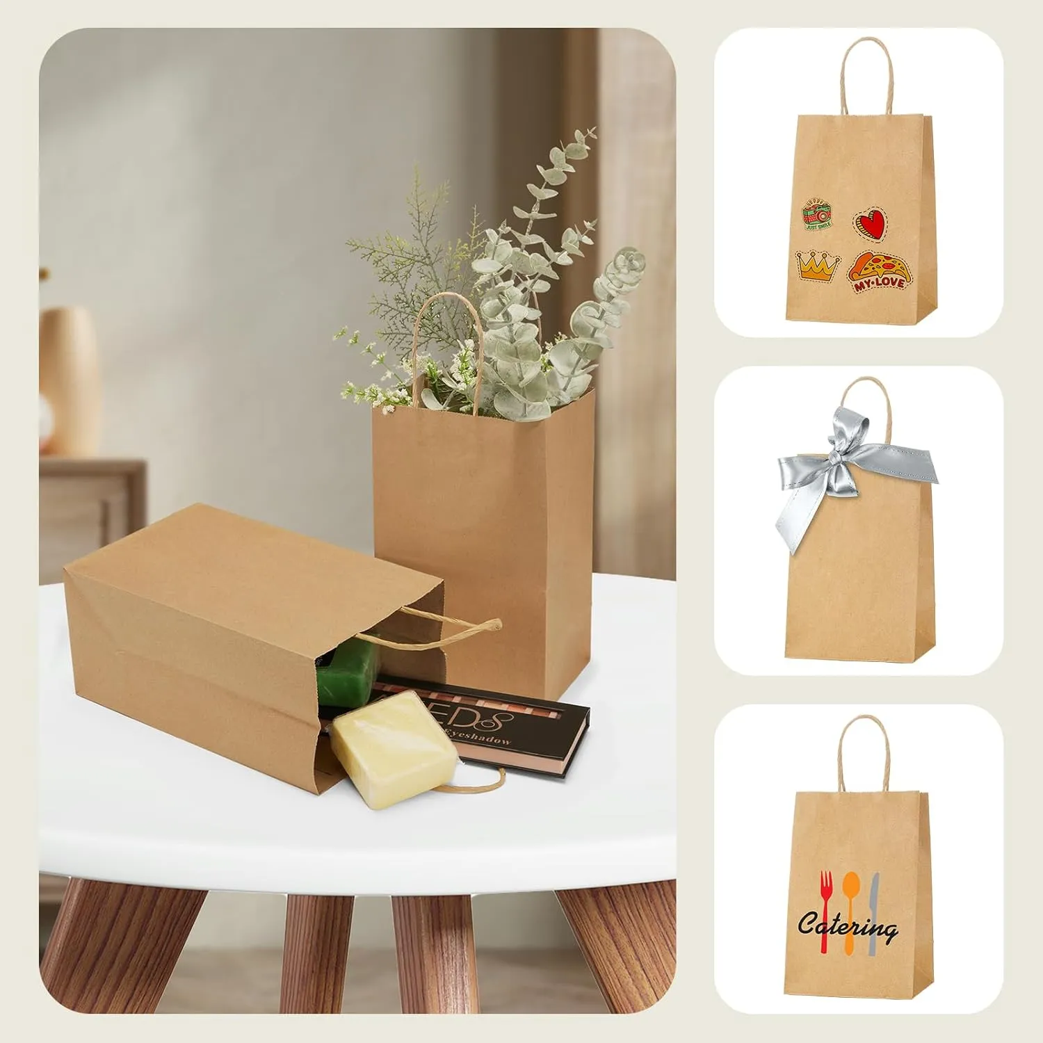 MESHA Brown Paper Bags 5.25x3.75x8 Inch Kraft Small Gift Bags with Handles Bulk,100 Pack for Small Business,Birthday Wedding Party Favor