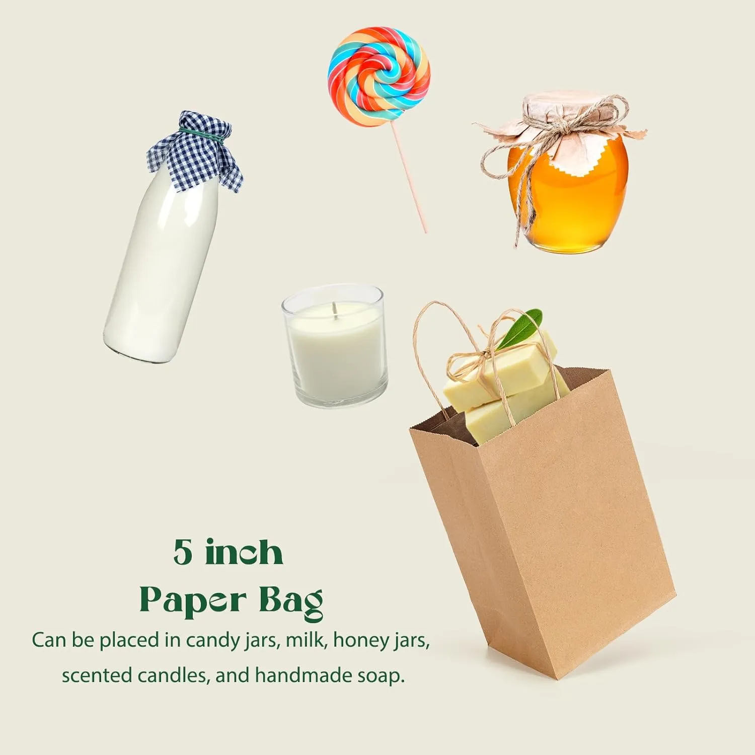 MESHA Brown Paper Bags 5.25x3.75x8 Inch Kraft Small Gift Bags with Handles Bulk,100 Pack for Small Business,Birthday Wedding Party Favor