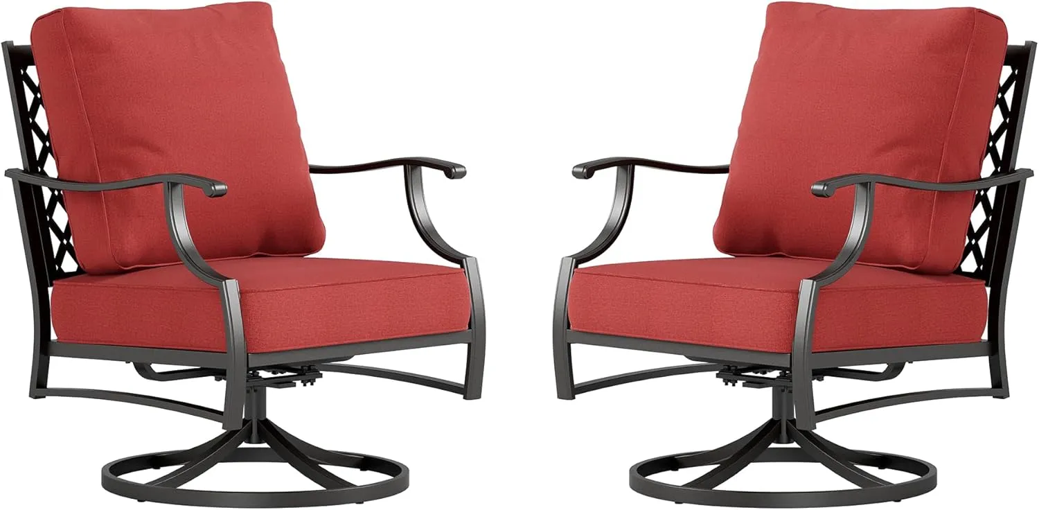 Metal Outdoor Swivel Patio Chairs Set of 2 with 5.75" Extra Thick Cushion, 2 Piece High Back Swivel Rocker Patio Chairs Outdoor Furniture Seating for Deck Balcony Front Porch, Red