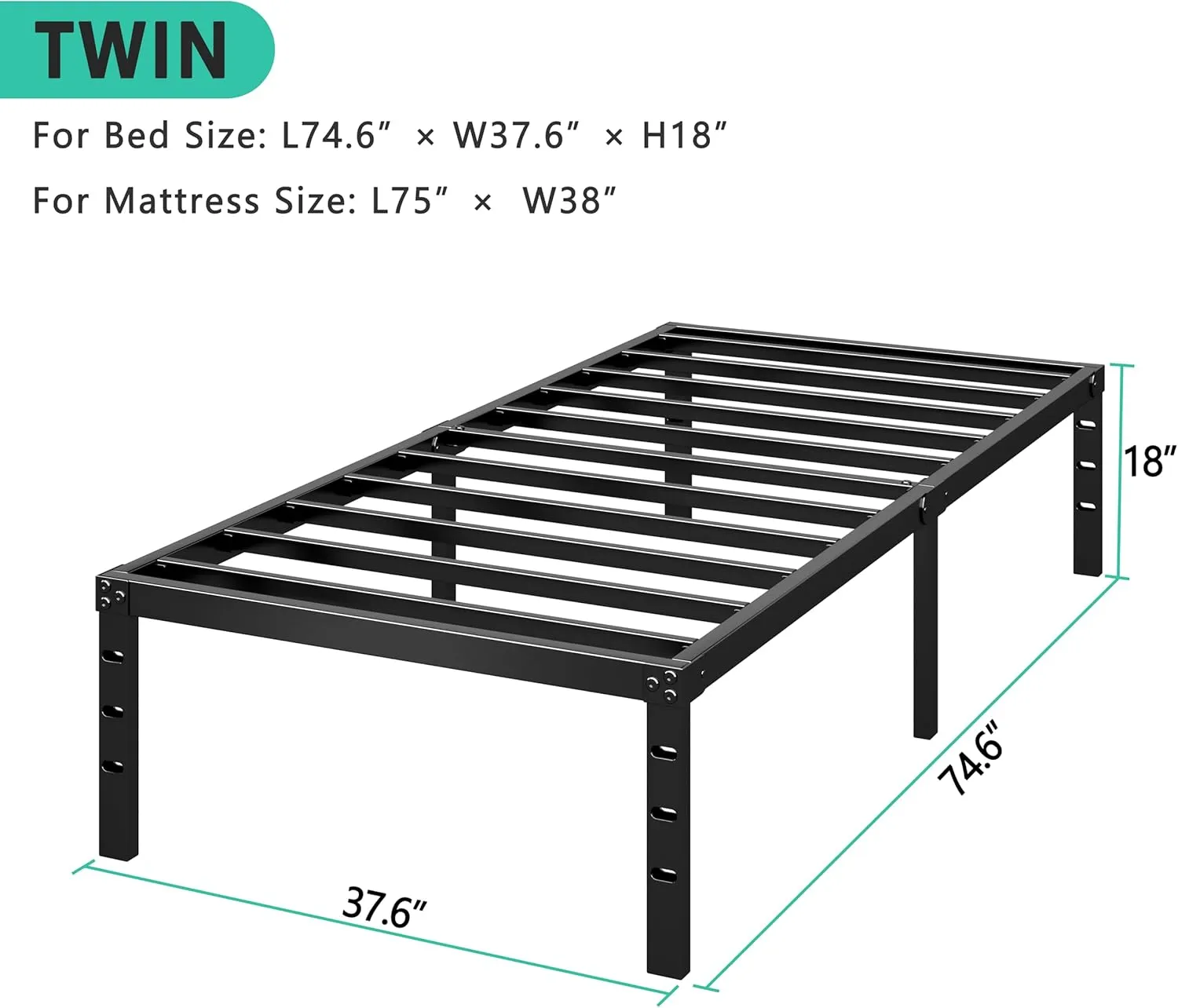 Metal Platform Bed Frame 14 Inch Tall,No Box Spring Needed,Twin Size Bed with Heavy Duty Strong Support Slats,Easy to Assemble,Black