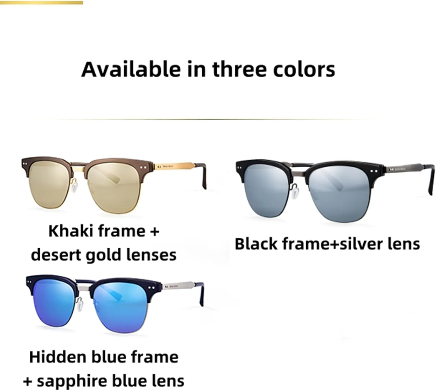 Metal Polarized Sunglasses Men Semi Rimless Frame Wayfarer Sun Glasses Horn Rimmed Shades Driving UV Blocking