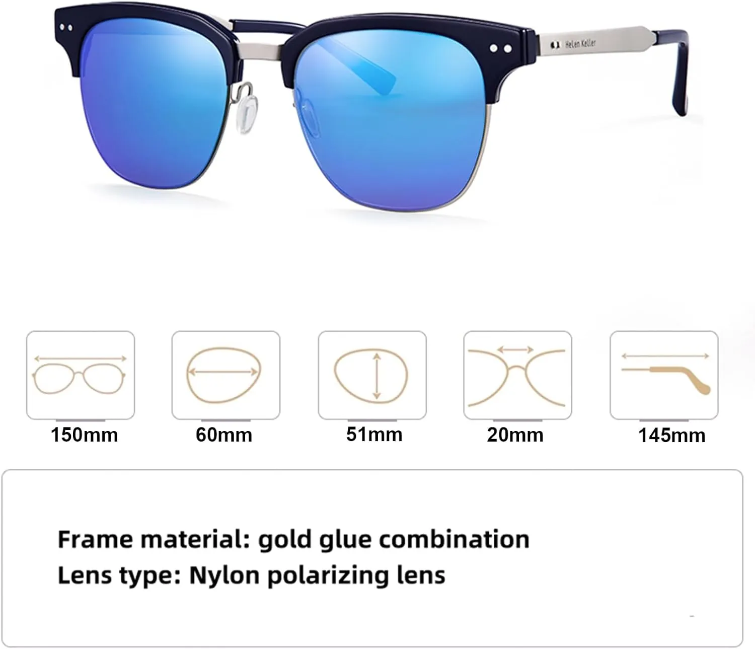 Metal Polarized Sunglasses Men Semi Rimless Frame Wayfarer Sun Glasses Horn Rimmed Shades Driving UV Blocking