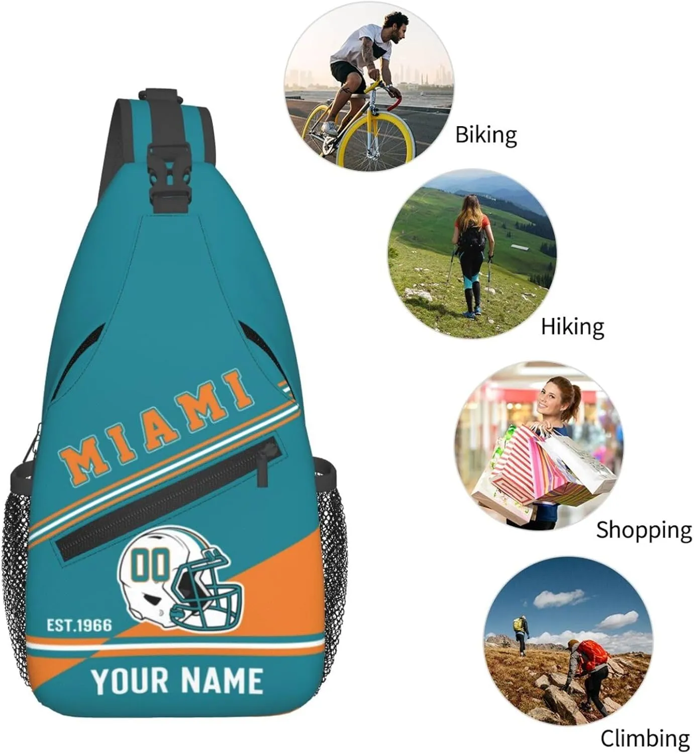 Miami Sling Bag,Personalized Football Crossbody Bags,Custom Cross Chest Bag,Sling Shoulder Backpack,Chest Bag Travel Daypack for Men Women Football Fans