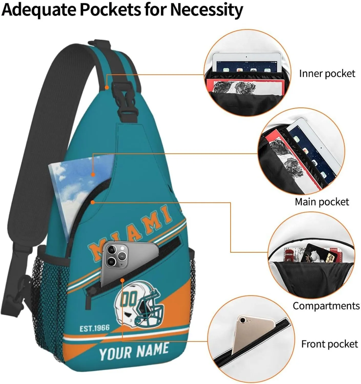 Miami Sling Bag,Personalized Football Crossbody Bags,Custom Cross Chest Bag,Sling Shoulder Backpack,Chest Bag Travel Daypack for Men Women Football Fans