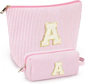 mibasies 2 PCS Initial Makeup Bags: Mothers Day Gifts for Women - Cosmetic Bag for Travel Toiletry - Gifts for 11 12 13 14 15 16 17 18 Years Old Teen Girl Gifts Graduation Teacher Gifts - Light Pink A