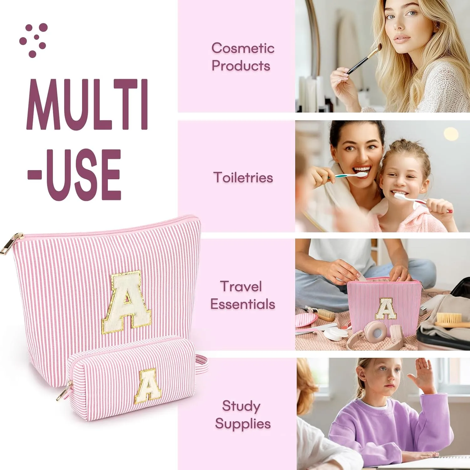 mibasies 2 PCS Initial Makeup Bags: Mothers Day Gifts for Women - Cosmetic Bag for Travel Toiletry - Gifts for 11 12 13 14 15 16 17 18 Years Old Teen Girl Gifts Graduation Teacher Gifts - Light Pink A