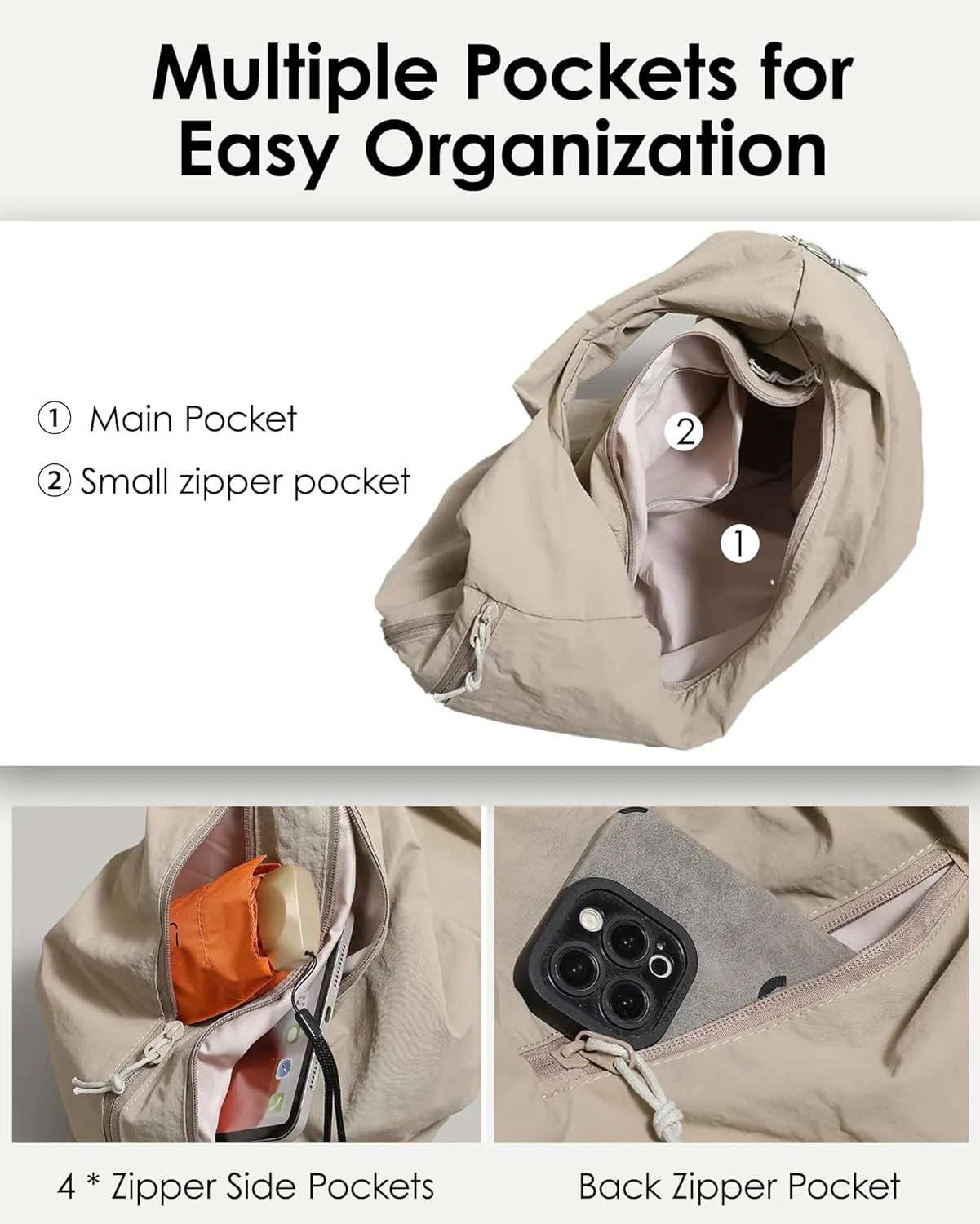 Micmores Tote Bag Slouchy Hobo Bag for Women Nylon Handbag Solid Color Draped Shoulder Bag Large Underarm Purse